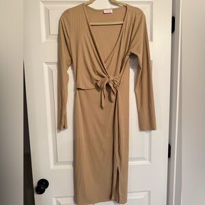 Pink Lily Tan Long Sleeve Wrap Dress